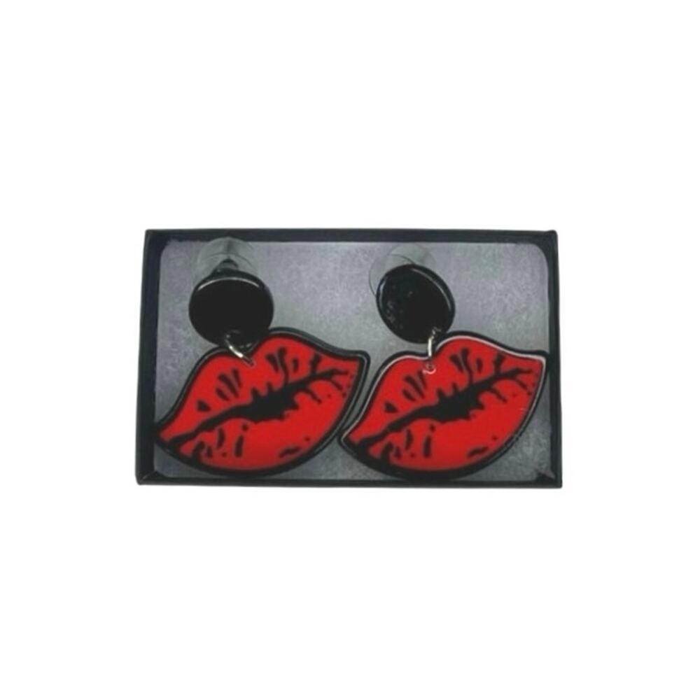 Red Lips Acrylic Statement Drop Earrings Y2K Pop Art Black Stud Posts